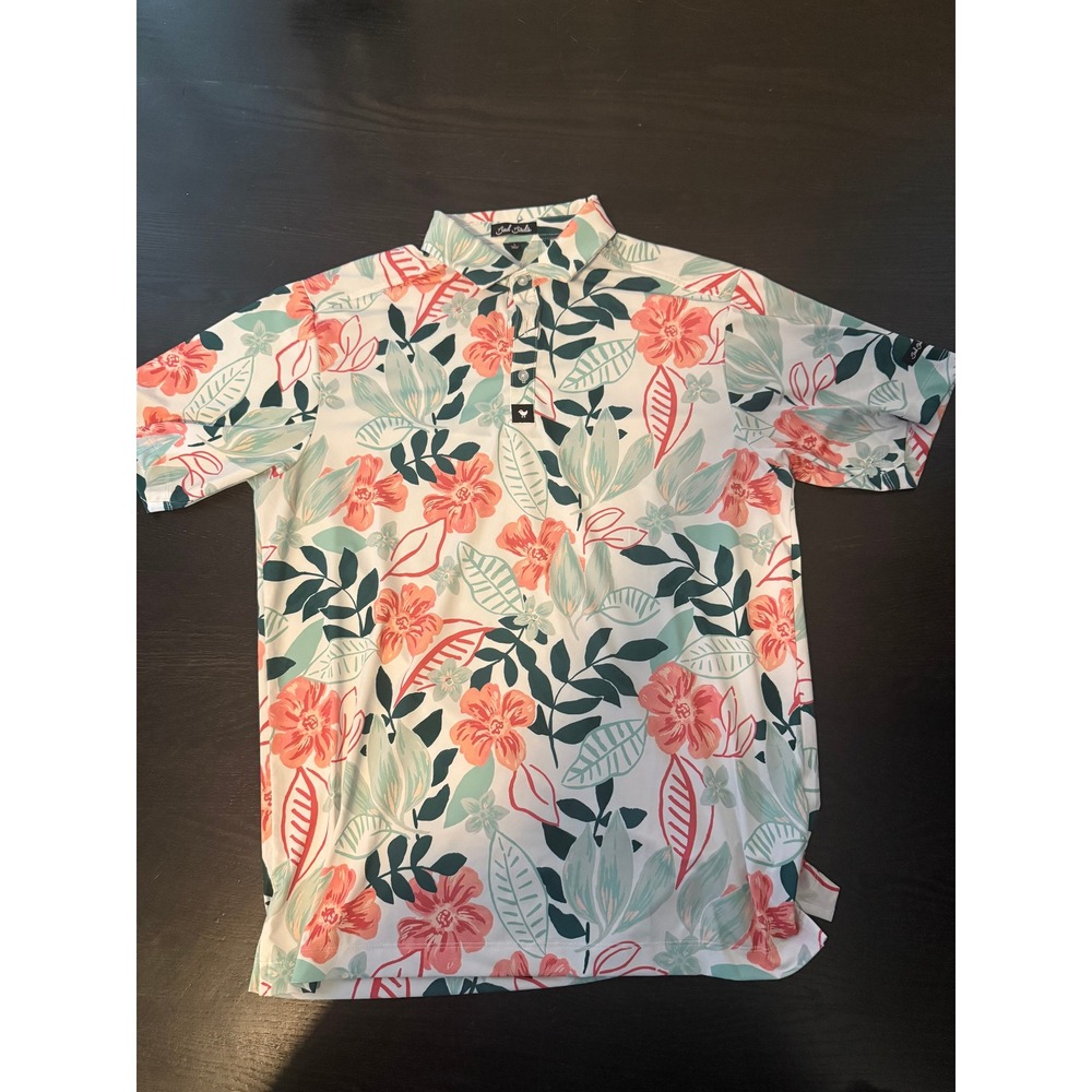 Bad Birdie Mens Golf Polo Shirt Large Floral Tropical Hibiscus Short Sleeve L